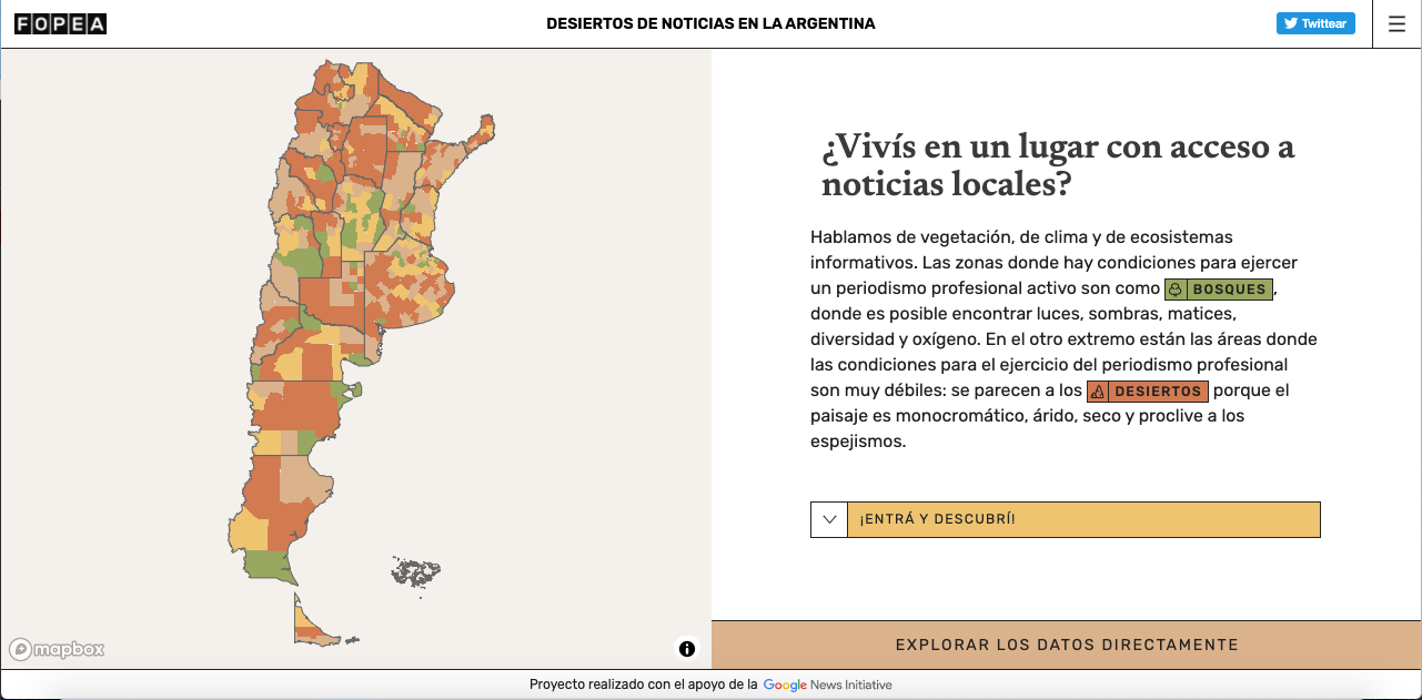 Homepage of 'Informative Deserts of Argentina', showing a map of Argentina, colored according to the news ecosystem classification created by Fopea, Argentine's Forum of Journalists.