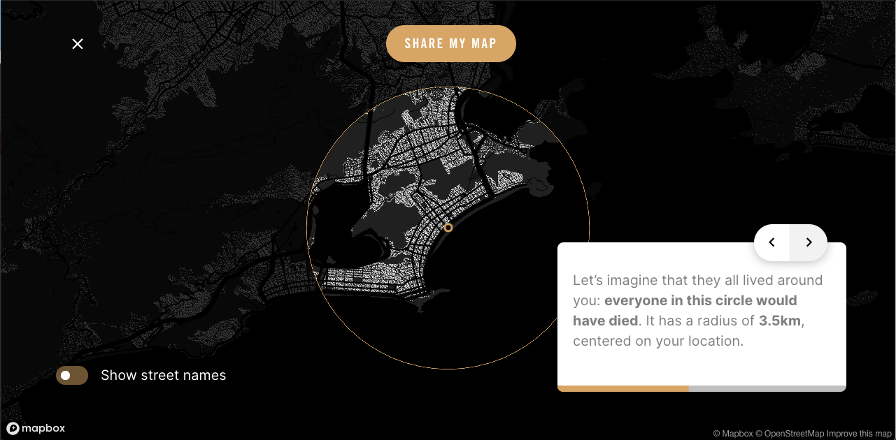 A screenshot of the project 'At the Epicenter', showing a map of Rio de Janeiro, centered around the famous Copacabana beach. On the map, the streets are black, city blocks are dark grey and there are small dots representing every single person living there. There is an orange circle over the map. The population inside this circle is roughly the number of deaths by Covid-19 in Brazil (around 400 thousand people, at the time). Dots inside the circle are white, and outside, light grey.